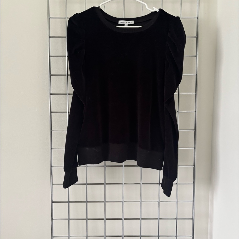 Rebecca Minkoff Black Velvet Puff-Sleeve Long Sleeve Top